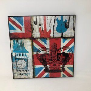 Union Jack Flag  Big Ben Crown Guitar  12x12" poster board/Wood